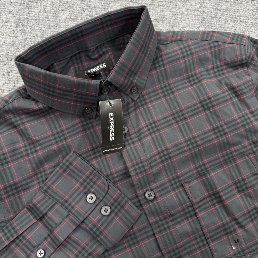 Express Button Down Shirt XS Black Red Plaid Long Sleeve Stretch NWT Men's